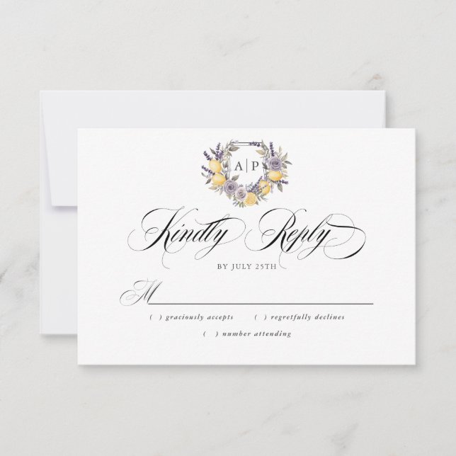 Cartons Réponse Lavender Lemon Monogram Floral Crest Mariage (Devant)