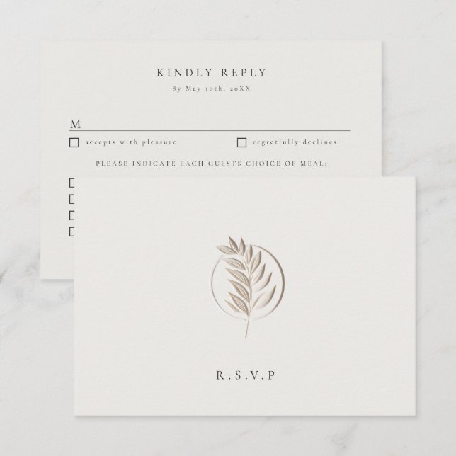 Cartons Réponse Letterpress twig ivoire choix de repas mariage RSV (Devant / Derrière)