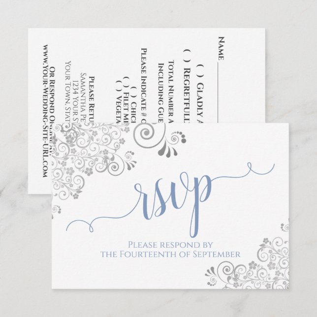 Cartons Réponse Light Blue on White Elegant Calligraphy (Devant / Derrière)
