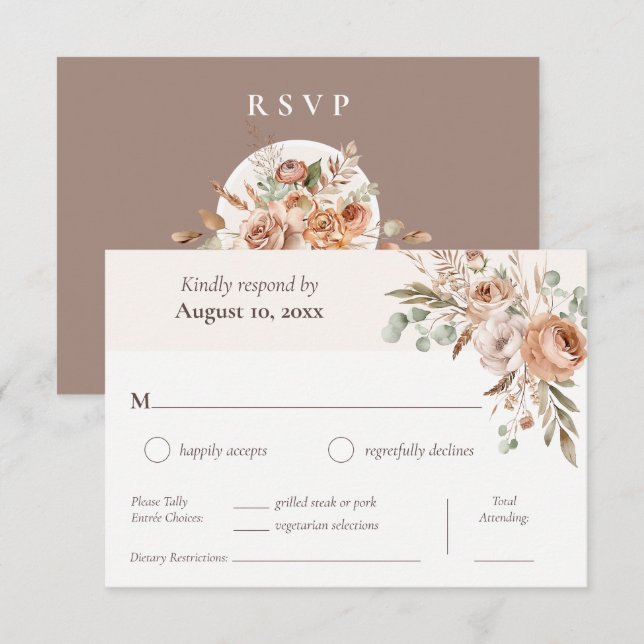Cartons Réponse Light Earth Tone Floral Boho Dîner Choix Mariage (Devant / Derrière)