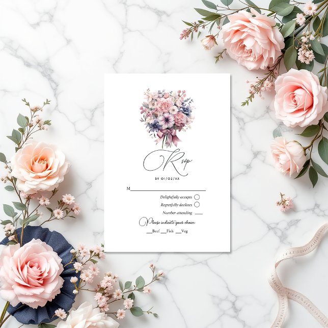 Cartons Réponse Love Fancy Pink Bow et Pastel Bouquet Mariage (Love Fancy Pink Bow and Pastel Bouquet Wedding RSVP Card)