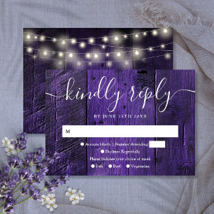 Cartons Réponse Lumières à cordes violettes Bois rustique Mariage