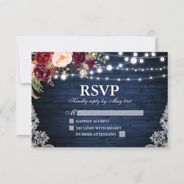 Cartons Réponse Lumières en bois bleu rustique dentelle Mariage fl (Devant)