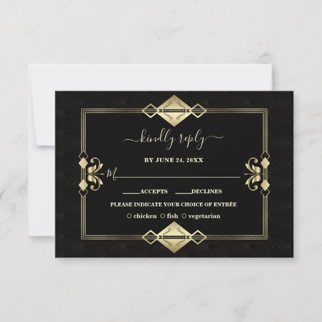 Cartons Réponse Luxe Gold Black Art Déco Fleur de Lis Mariage (Devant)
