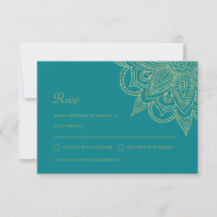 Cartons Réponse Luxe Indien élégant Turquoise or Mehndi Mariage