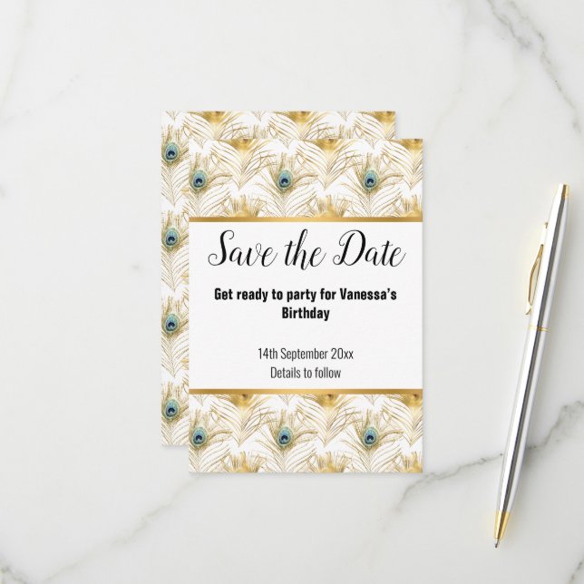 CARTONS RÉPONSE LUXE PLUME DE PAON ORÉ SAVE THE DATE (Devant/Arrière en situation)