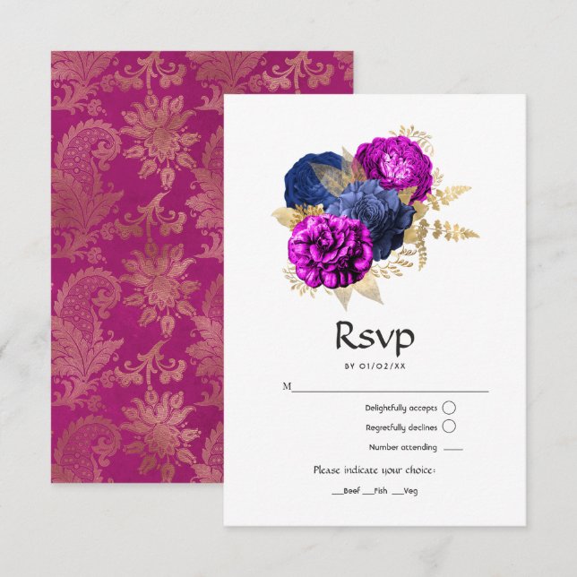 Cartons Réponse Magenta Navy et Gold Floral Mariage (Devant / Derrière)