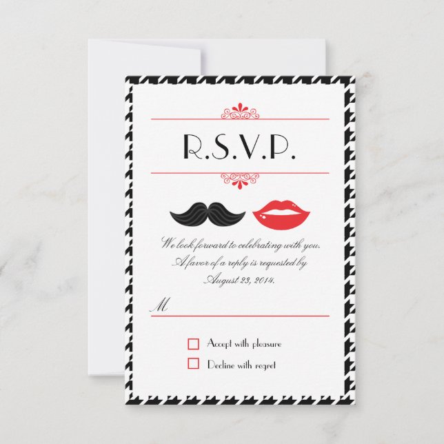 Cartons Réponse Mariage à carreaux avec moustache et lèvres rouges (Devant)