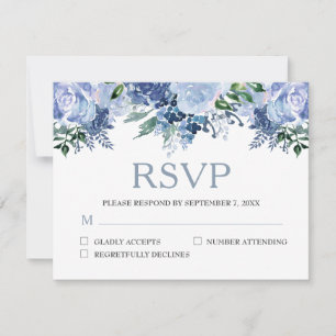 Cartons Réponse Mariage à l'aquarelle florale bleu poussiéreux