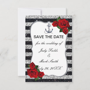 Cartons Réponse Mariage Ancrage Nautilus Rayures Argent Noir