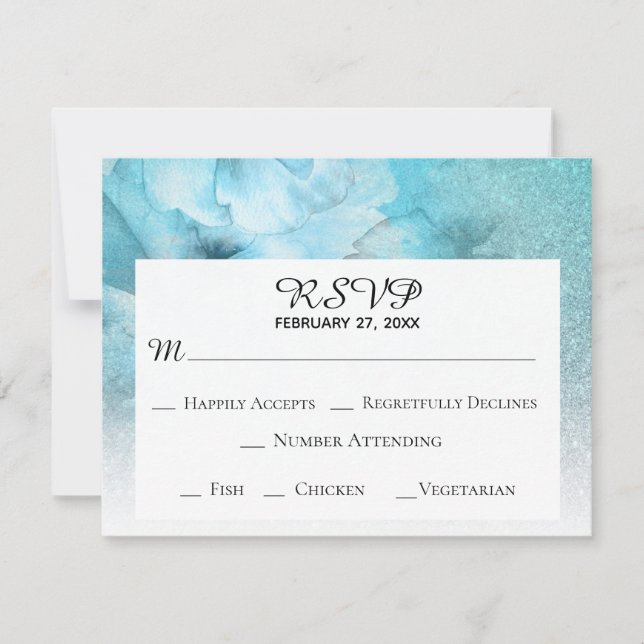 Cartons Réponse *~* Mariage Aquarelle Fleurs Pailletées Bleu Viole (Devant)