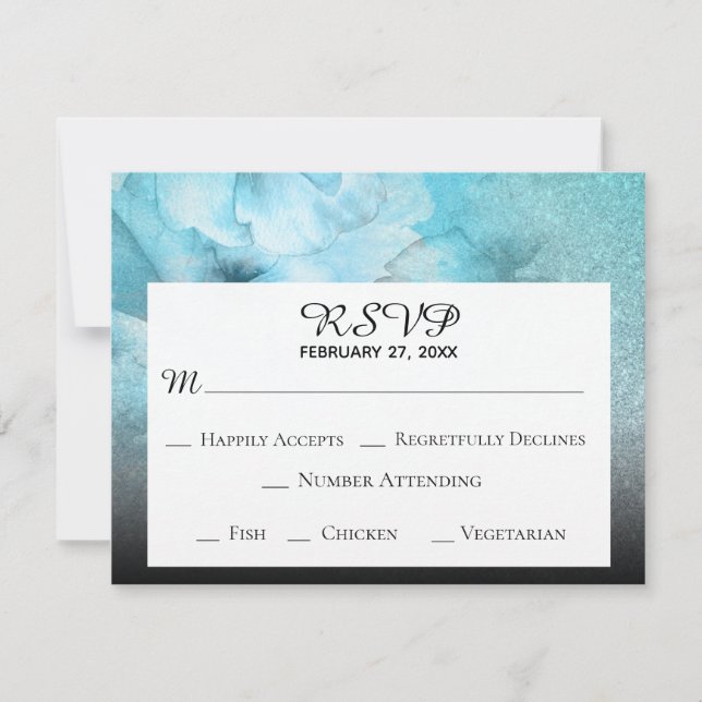 Cartons Réponse *~* Mariage Aquarelle Fleurs Pailletées Bleu Viole (Devant)