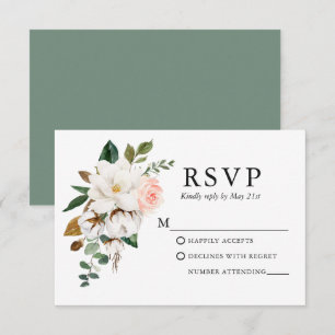 Cartons Réponse Mariage Aquarelle Magnolias Roses Sage Vert