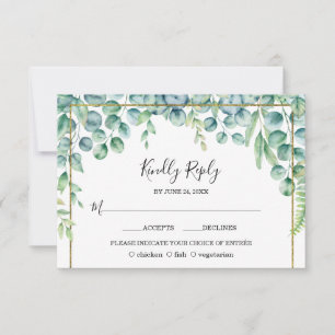 Cartons Réponse Mariage au cadre doré avec feuilles d'eucalyptus l