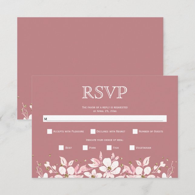Cartons Réponse Mariage blanc fleuri et bijoux rose poussiéreux (Devant / Derrière)