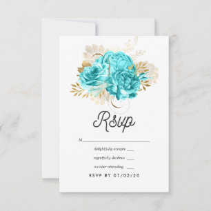 Cartons Réponse Mariage bleu Aqua et or Floral