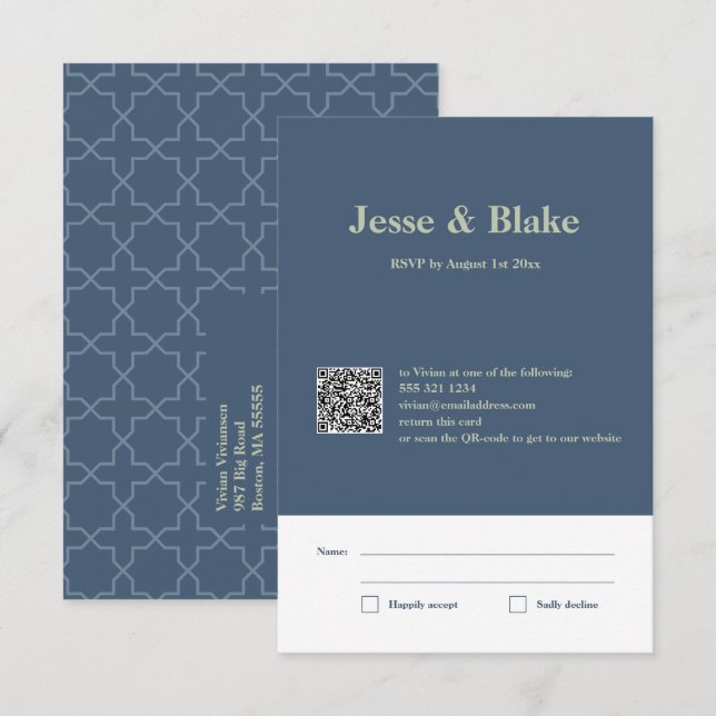 Cartons Réponse Mariage bleu avec Motif en lattes (Devant / Derrière)