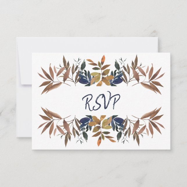 Cartons Réponse Mariage bleu de la marine botanique beige (Devant)