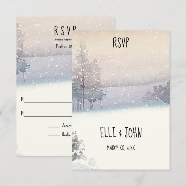 Cartons Réponse Mariage bleu et blanc d'hiver (Devant / Derrière)