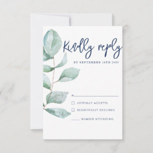 Cartons Réponse Mariage bleu minimal moderne Eucalyptus Marine RSV