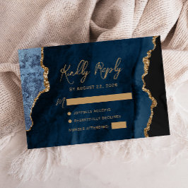 Cartons Réponse Mariage Bleu Nuit Agate Or Script