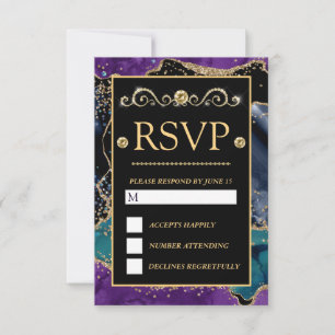 Cartons Réponse Mariage Bleu Violet Turquoise Or Paillettes Agate