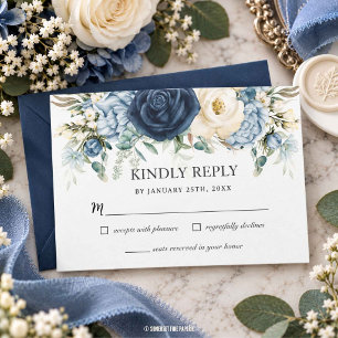 Cartons Réponse Mariage Bohème Bleu Poussiéreux Nuit Ivoire Floral