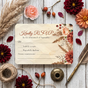 Cartons Réponse Mariage Bohème Herbe de Pampas Bourgogne Dahlia d'
