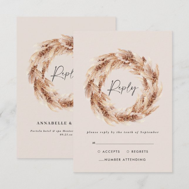 Cartons Réponse Mariage bohème rustique moderne avec herbe de pamp (Devant / Derrière)
