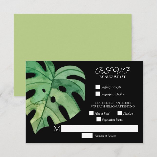 Cartons Réponse Mariage botanique de la feuille de Monstera tropic (Devant / Derrière)