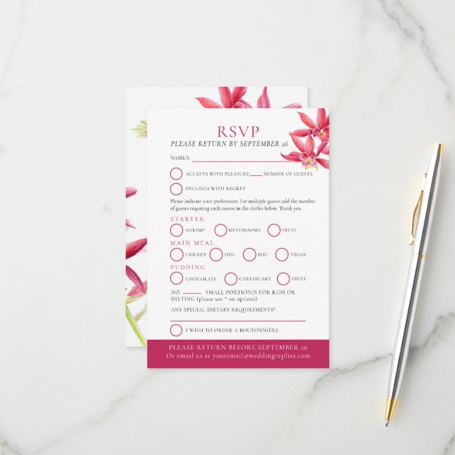 Cartons Réponse Mariage botanique de l'orchidée rouge (Devant/Arrière en situation)