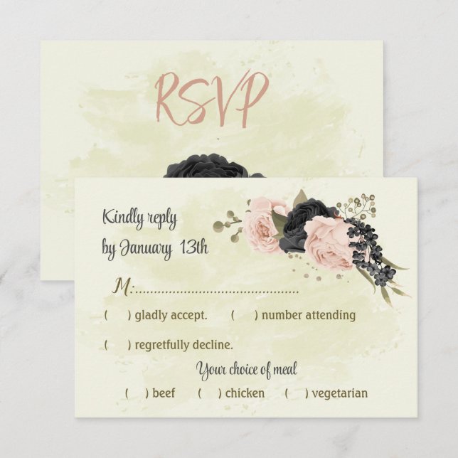 Cartons Réponse mariage botanique des fleurs rose vif noir (Devant / Derrière)