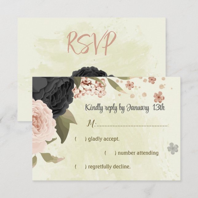 Cartons Réponse mariage botanique des fleurs rose vif noir (Devant / Derrière)