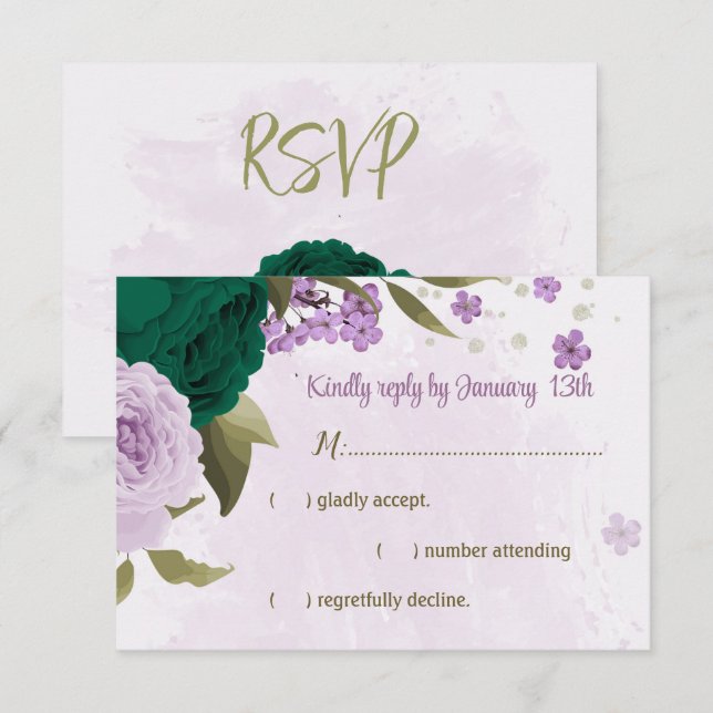 Cartons Réponse mariage botanique des fleurs violettes vert émerau (Devant / Derrière)