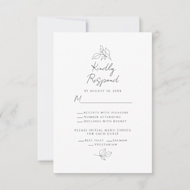 Cartons Réponse Mariage Botanique Feuille Black & White Meal Choic (Devant)
