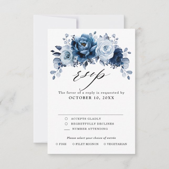Cartons Réponse Mariage botanique floral en bleu ardoise poussiére (Devant)