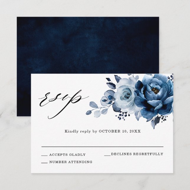 Cartons Réponse Mariage botanique floral marine ardoise bleu pouss (Devant / Derrière)