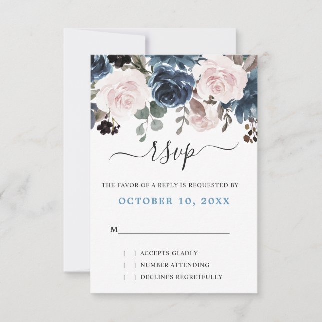 Cartons Réponse Mariage Botanique Floral Rose Pâle Bleu Poussière (Devant)