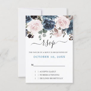 Cartons Réponse Mariage Botanique Floral Rose Pâle Bleu Poussiéreu
