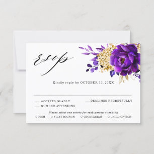 Cartons Réponse Mariage Botanique Floral Violet Or Pourpre Royal