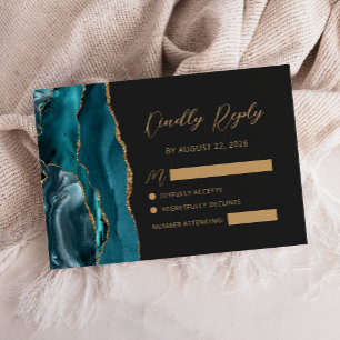 Cartons Réponse Mariage Calligraphié Or et Agate Bleu Turquoise