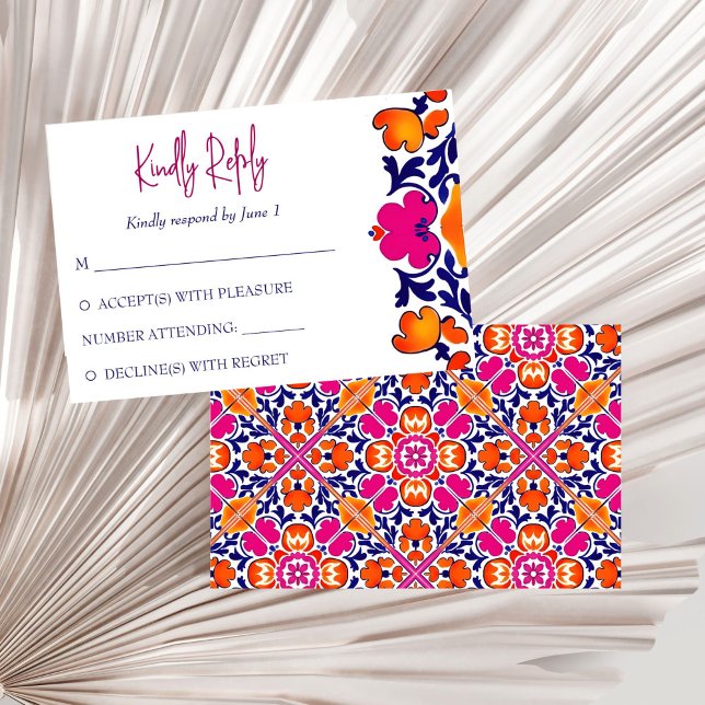 Cartons Réponse Mariage carrelage mexicain rose orange (Pink orange blue Mexican Talavera Azulejo tiles wedding RSVP Card wedding invitation suite bold colo)