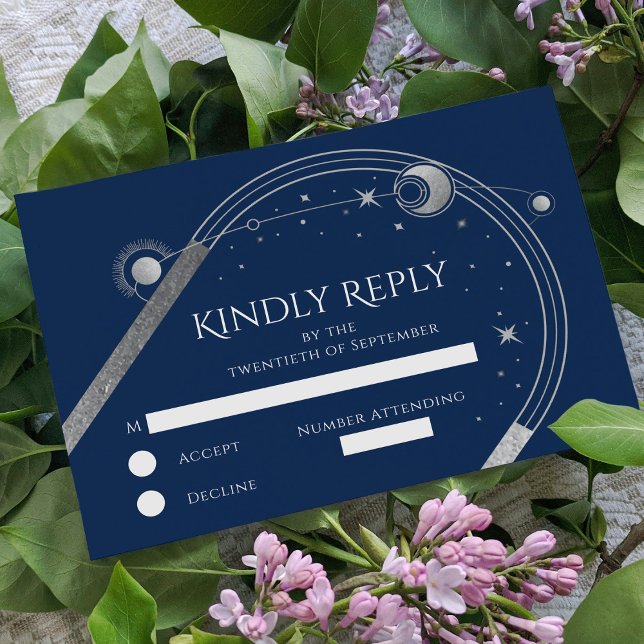 Cartons Réponse Mariage Céleste Bleu Argent Soleil Lune Étoiles (Créateur téléchargé)