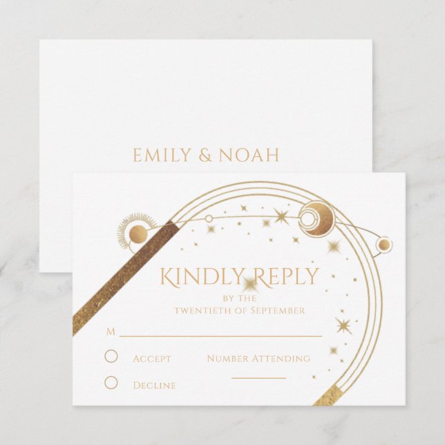 Cartons Réponse Mariage céleste d'or blanc mystique (Devant / Derrière)