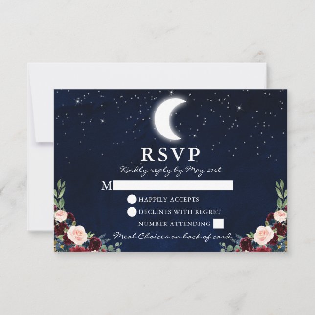 Cartons Réponse Mariage céleste Sky Moon Stars Floral Repas Retour (Devant)