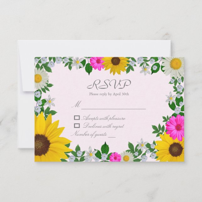 Cartons Réponse Mariage Champêtre avec Tournesols et Fleurs (Devant)