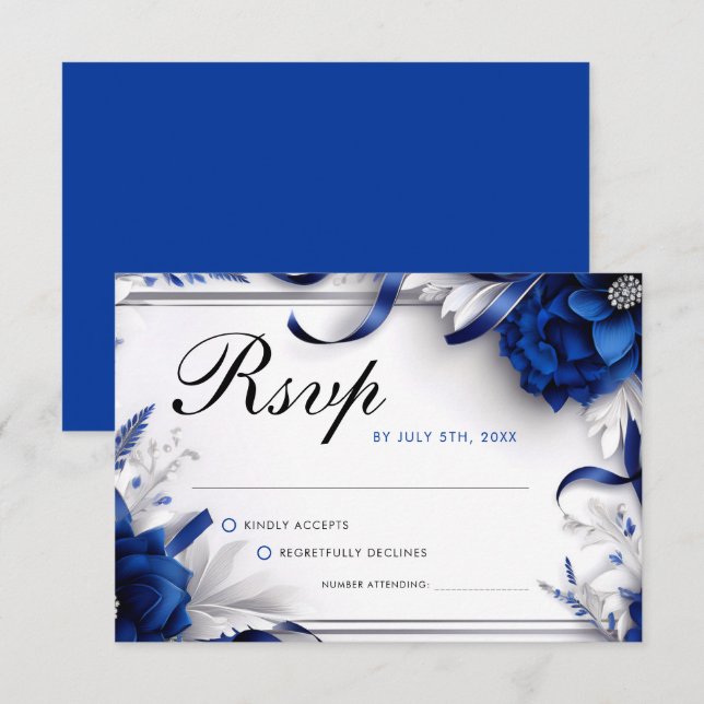 Cartons Réponse Mariage Chic Bleu Nuit & Fleurs Argentées Rubans (Devant / Derrière)