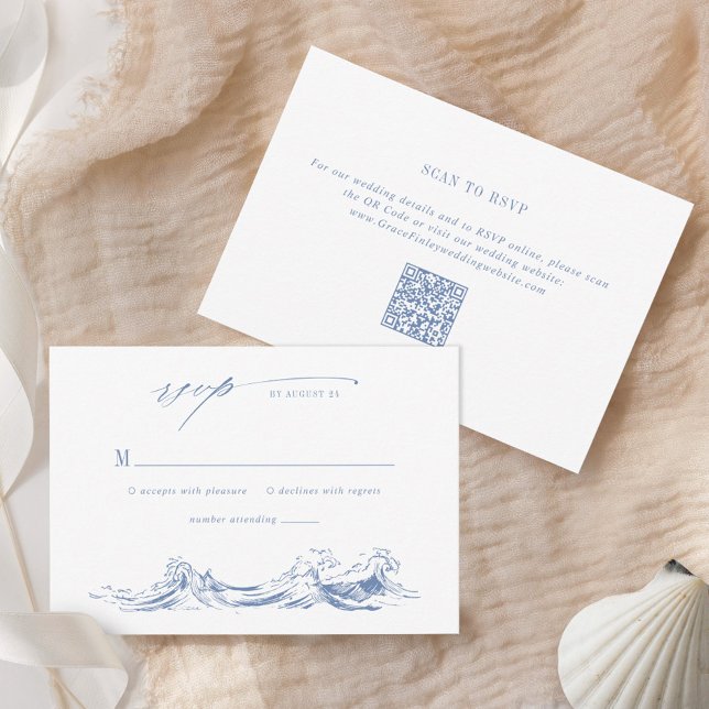 Cartons Réponse Mariage chic moderne côtier bleu avec QR Code (Créateur téléchargé)