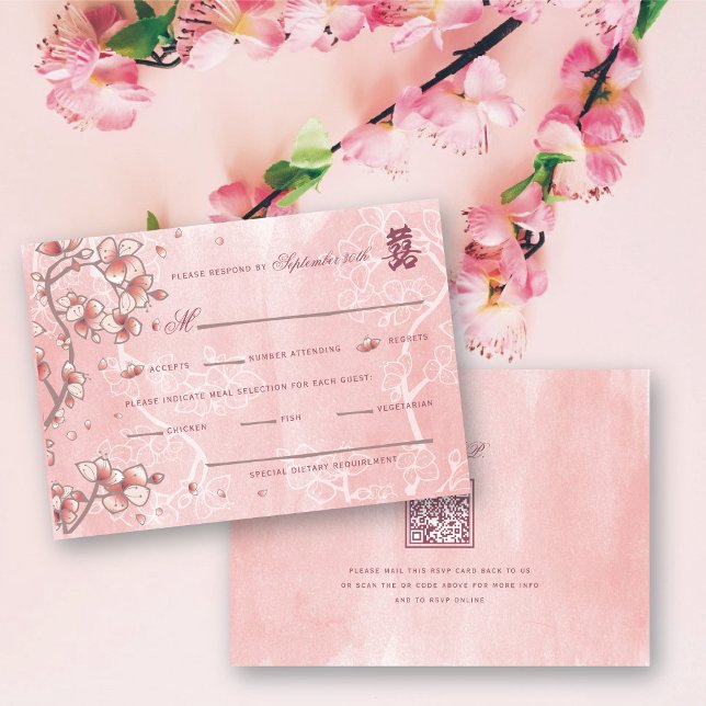 Cartons Réponse Mariage chinois à deux fleurs de pêche (Pink Peach/Plum Blossoms Double Happiness Elegant Chinese Wedding RSVP Card @ fatfatin_red_knot)