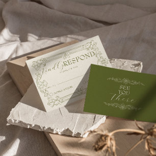Cartons Réponse Mariage Classique Argent Ancien Vert Olive Romanti